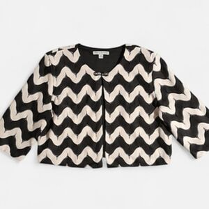 Black White Stripe Chevron Top Sz 18 Cropped Blazer Single Button Open Front